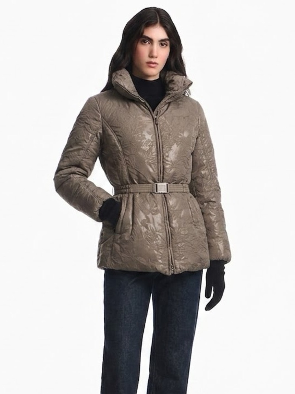 ARMANI Women’s Down-filled Floral Jacquard Puffer Jacket - Taupe, Sz 6